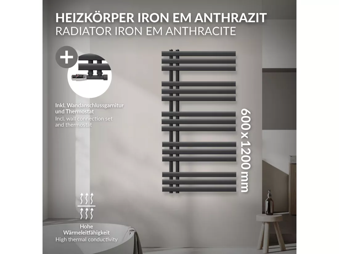 Radiateur de Salle de Bain Iron EM 600x1200 mm Anthracite Raccord Central au Bas