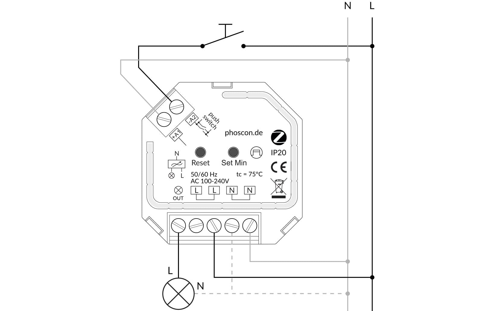 Phoscon Kobold Zigbee Dimmaktor 400 WUnterputz Dimmaktor, Smart Dimmer, Zigbee Dimmer, Phasenabschnitt Dimmer