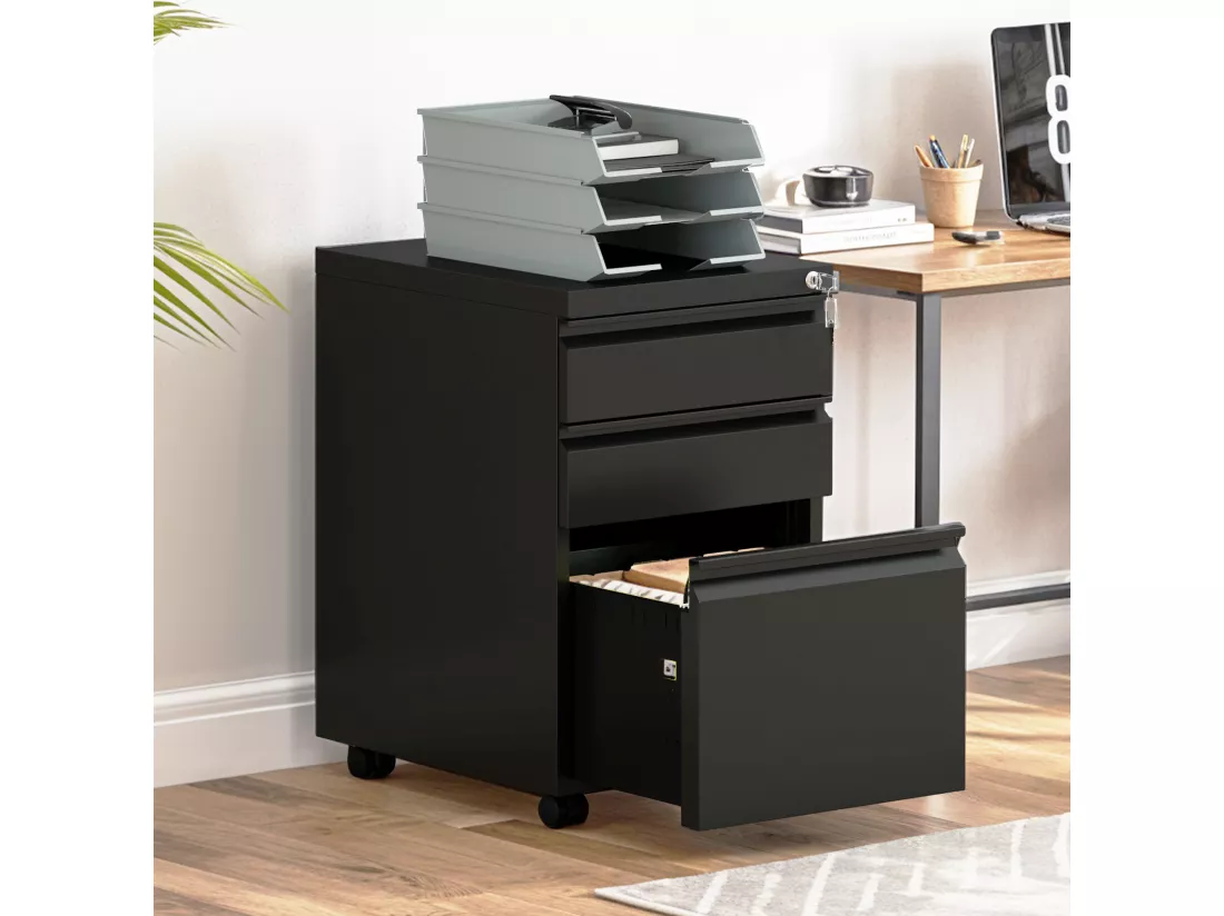 Caisson de Bureau - 3 Tiroirs Métal Caisson de Rangement - Meuble de Bureau avec roulettes pour Dossiers Suspendus - Noir - 46 x 39 x 62cm