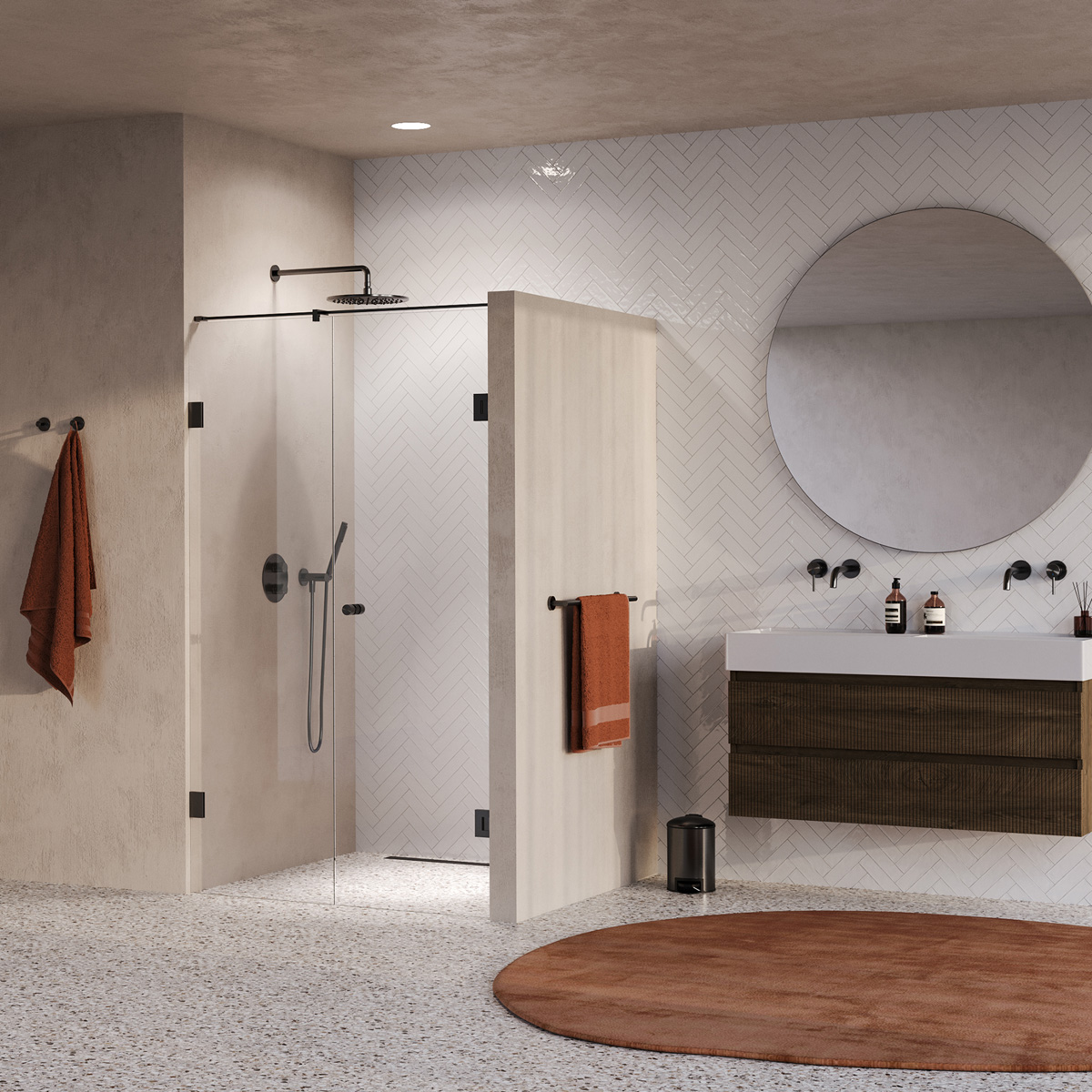 Brauer Void Carving profielloze nisdeur 110cm met draaideur 60cm aan muur gunmetal geborsteld PVD