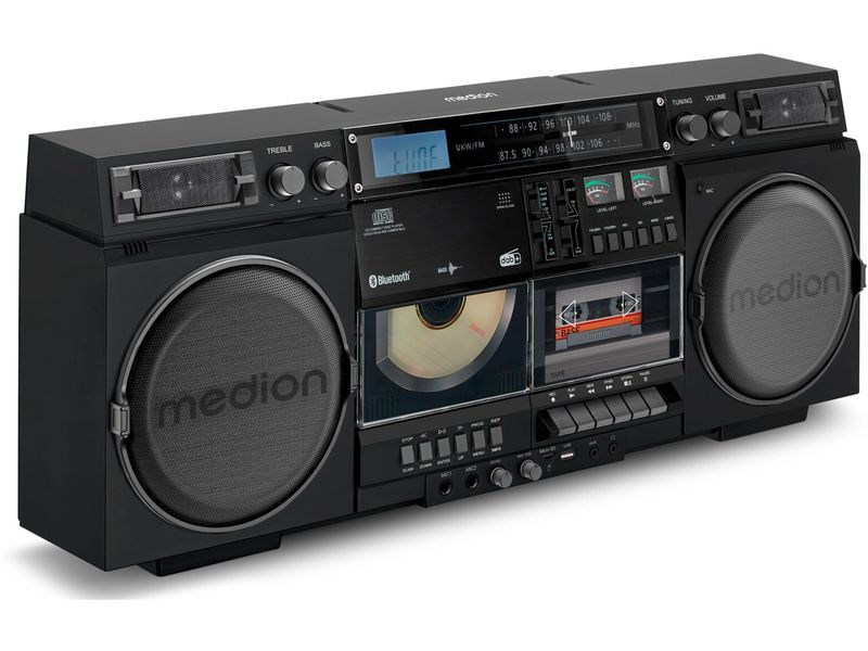 Medion Radio/CD-Player LIFE P66538 Retro-Boombox Schwarz Retro-Kassettendeck mit DAB  und Bluetooth