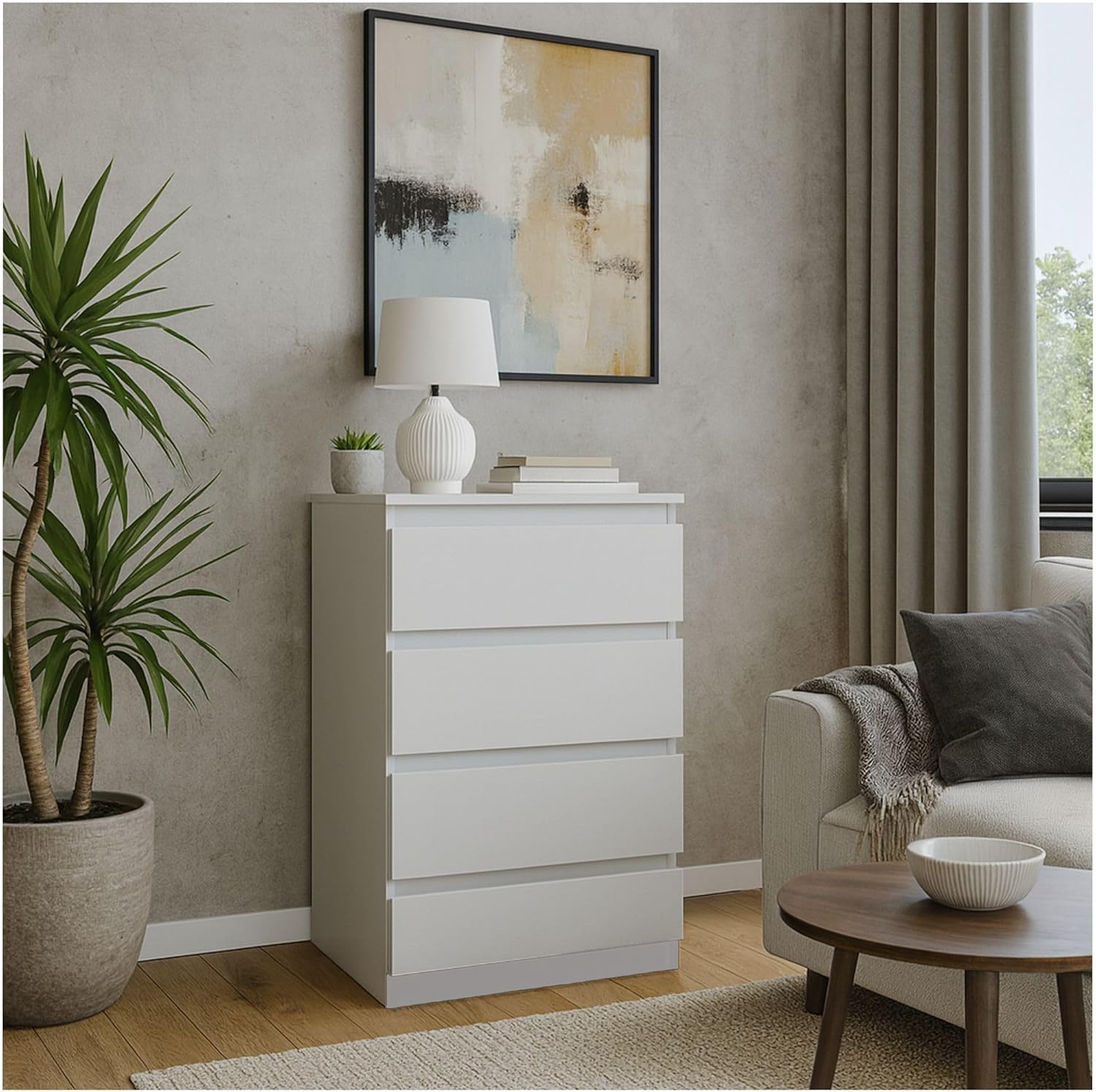 CDF Kommode Weiß mit 4 Schubladen 97 cm Hoch Sideboard Schmale Komode Schlafzimmerkommode für Flur Büro Schlafzimmer Wohnzimmer Schubladenschrank Regal mit Schubladen Schrank Modernes Möbelstück