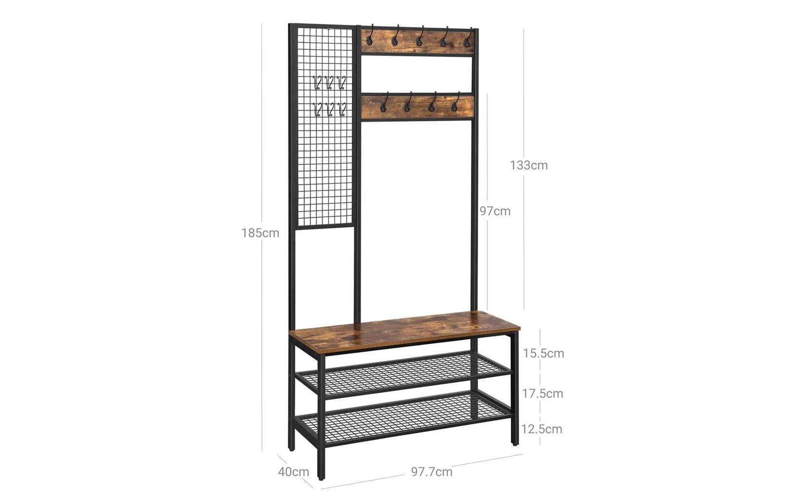 Garderobe mit Sitzbank 185 cm, Braun/Schwarz<br>Kleiderständer aus Holz