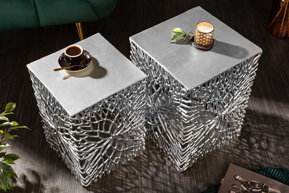 Filigranes Beistelltisch 2er Set ABSTRACT LEAF 45cm silber Handarbeit