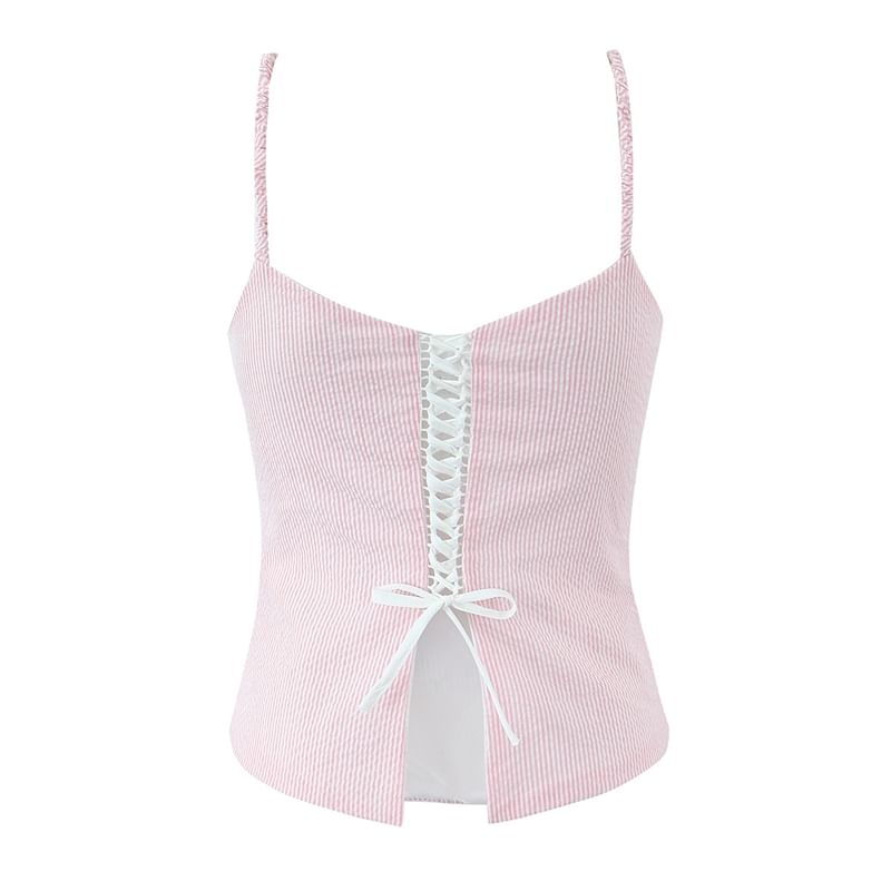 Ulark - Gestreepte cami-top met strik en kant / Mini-A-lijn rok met hoge taille en split