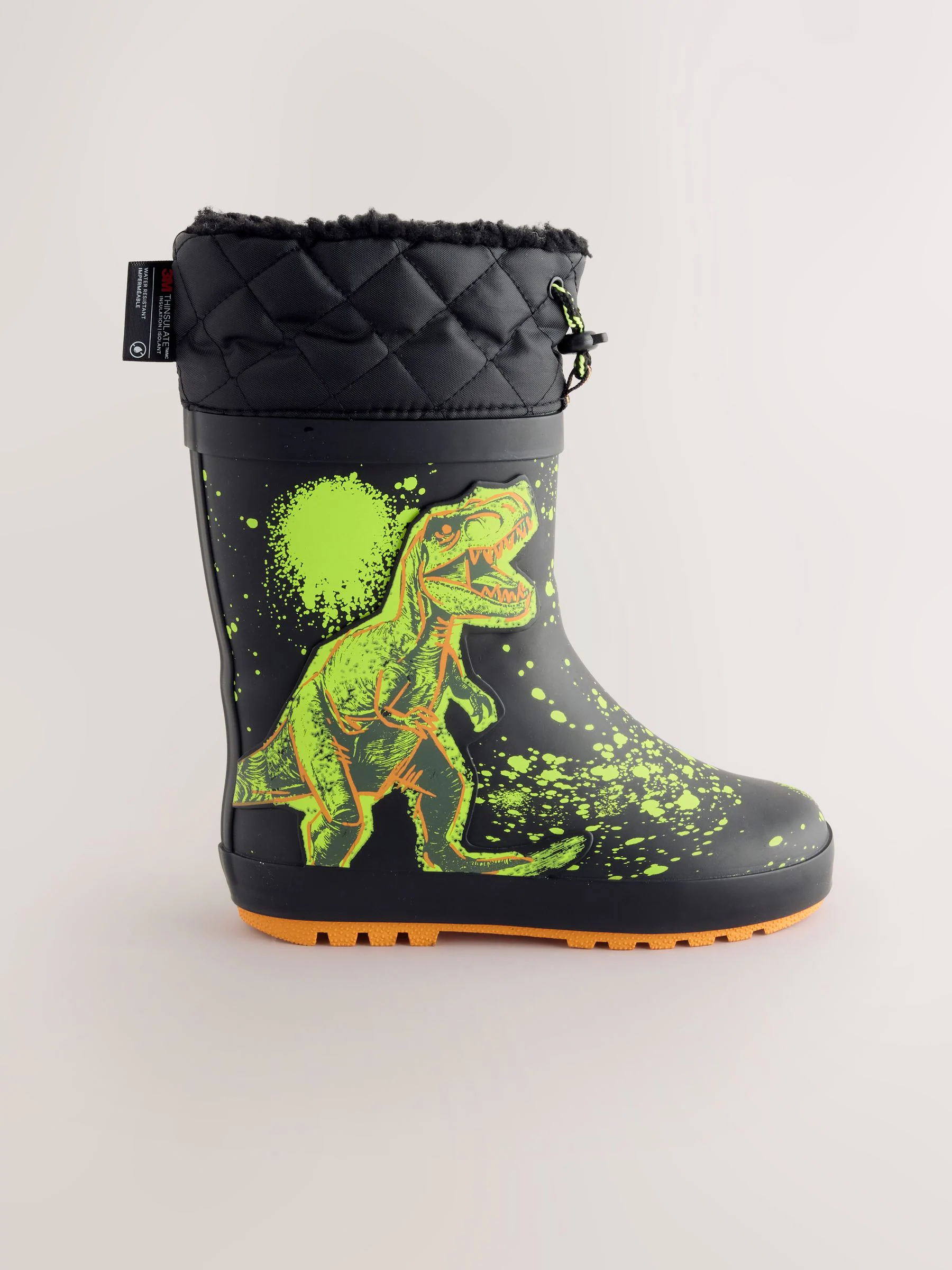 Zwart met dinosaurus - Warme gevoerde regenlaarzen met rand