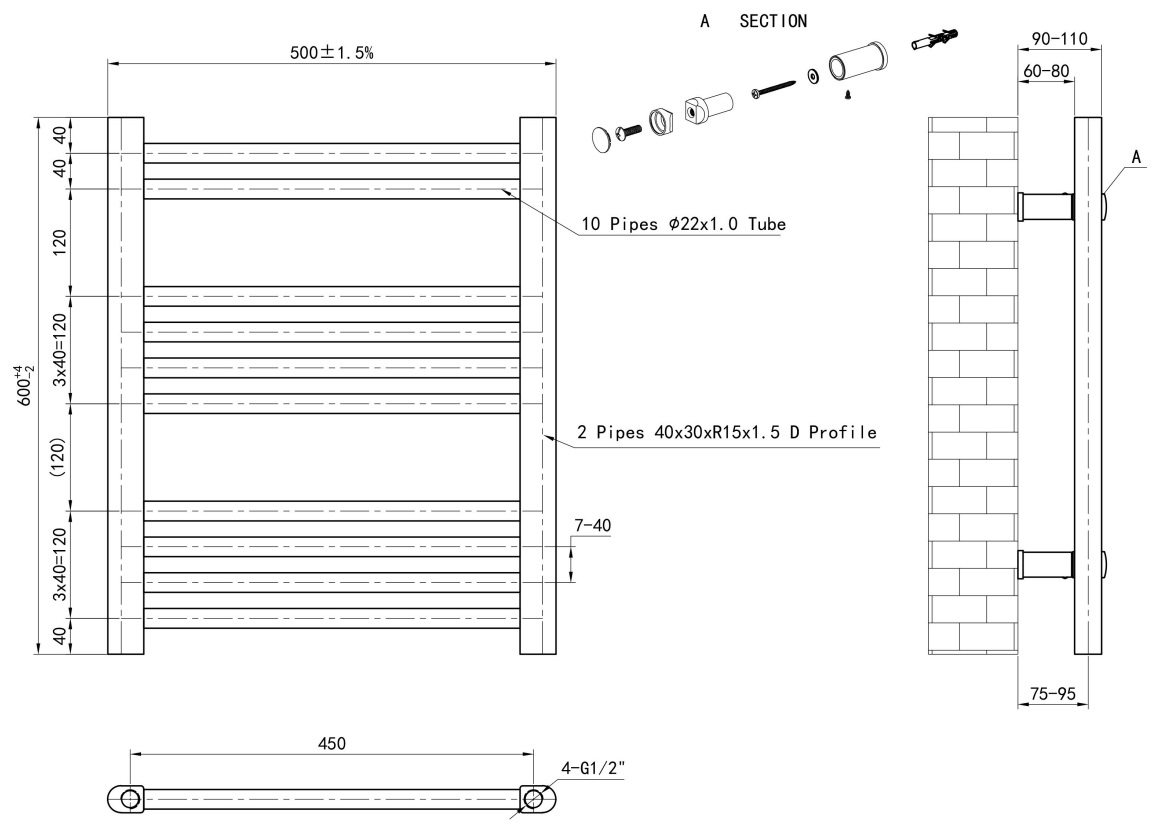 Eastbrook Wendover handdoekradiator 50x60cm 285W zwart mat