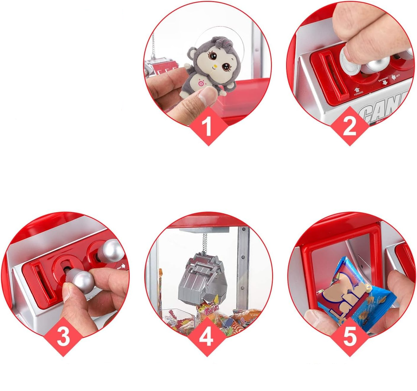 (30x22cm) Kinder Spielzeug Automat Süssigkeiten Greifer Candy Grabber Maschine zum Befüllen inkl. Spielmünzen (Batteriebetrieben) - Silber / Rot