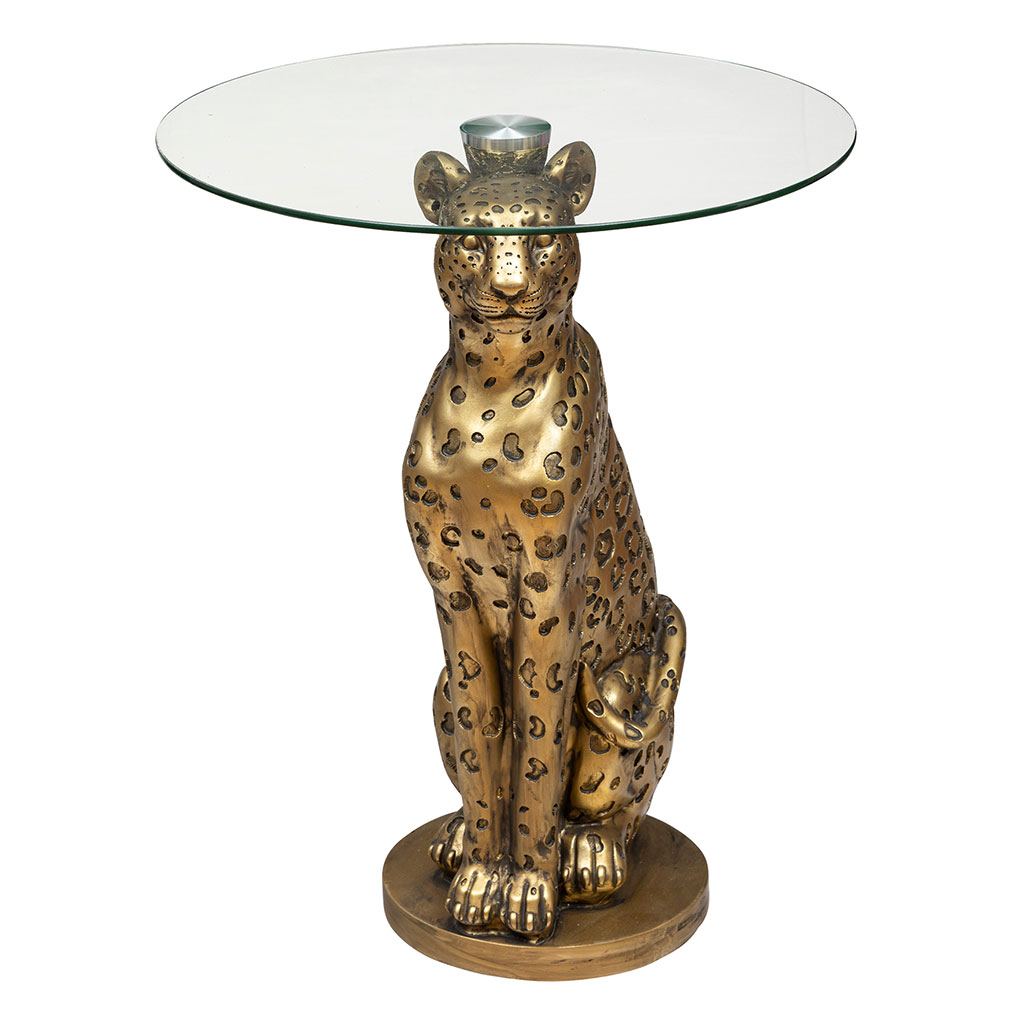 Table à café pied statue Léopard et plateau verre D 40x52cm