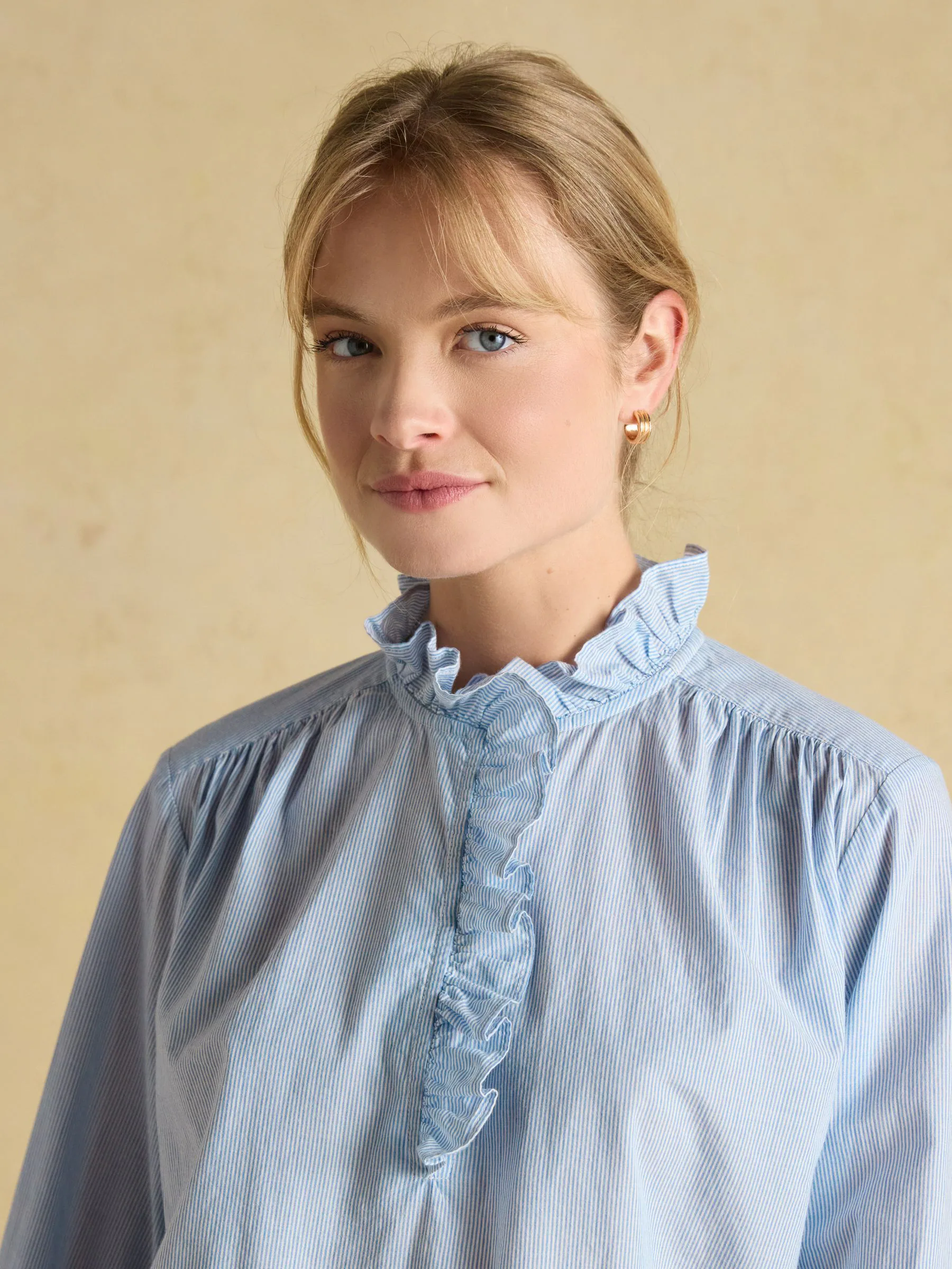 Blauw/wit - Joules Melanie blouse van katoen met ruche