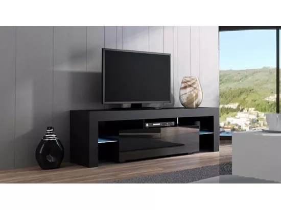 Meuble TV SPIDER à LED en MAT Noir avec porte Noir Laqué 160 cm
