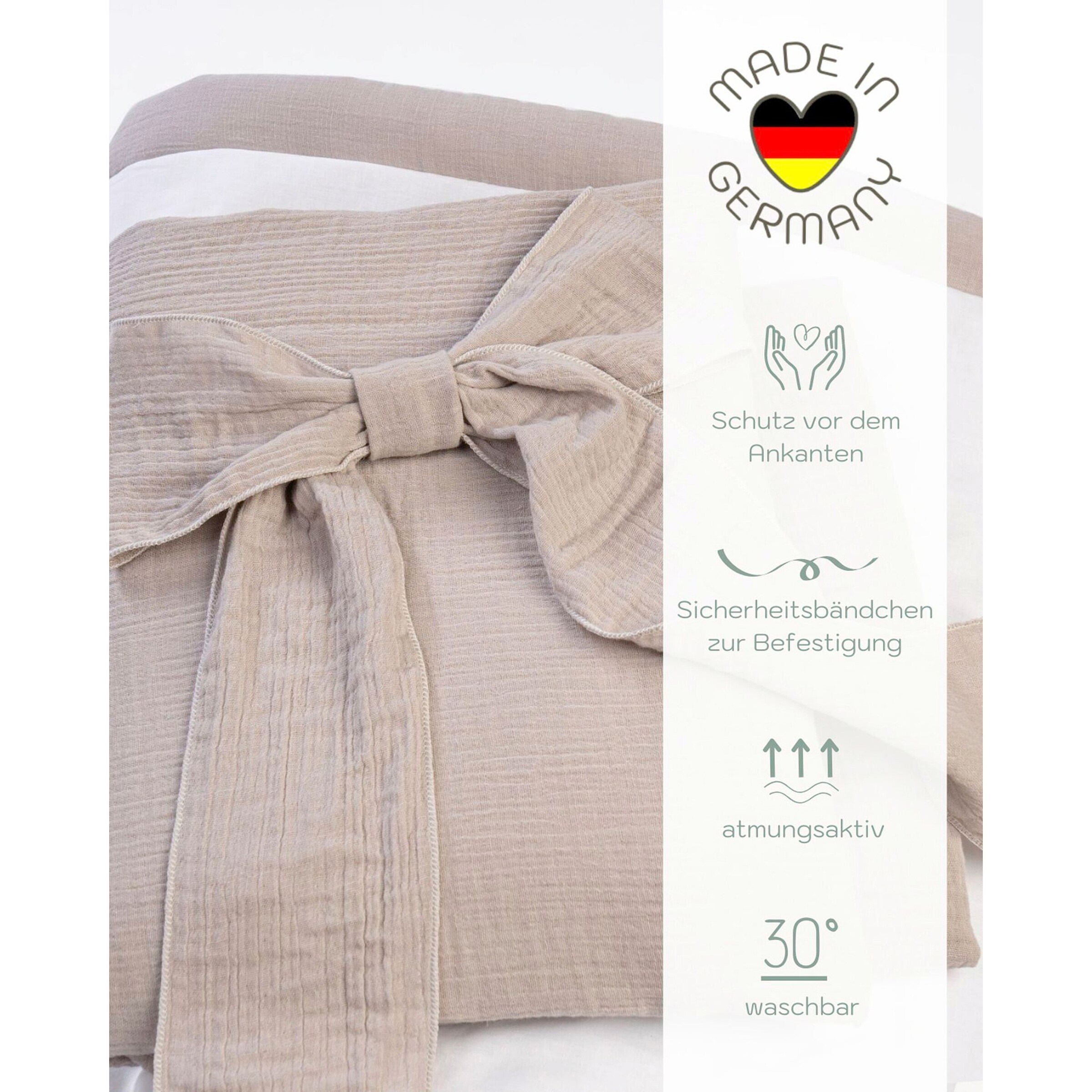 Mionido Textiles Set für Stubenwagen Musselin Uni Schleife taupe