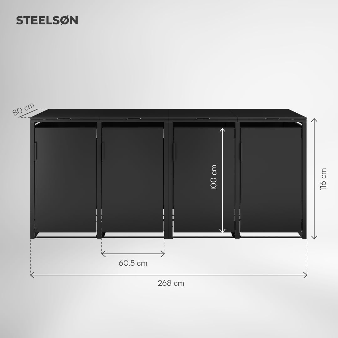 STEELSØN Thoria Mülltonnenbox 4er bis 240L – Mülltonnenverkleidung aus Stahl in Graphitschwarz – hochwertige Müllcontainer für 4 Tonnen – Müllbox wetterfest – UV-beständige Gerätebox/Mülltonnen Box