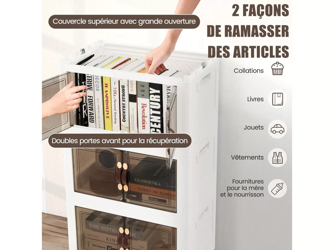 Boîte Rangement Plastique 165L, 4 Caisses de Rangement Pliables avec 4 Roulettes et Couvercles, Boite Empilable pour Vêtement, Livres, Jouets, Caisse pour Chambre, Salon, Cuisine (165L)