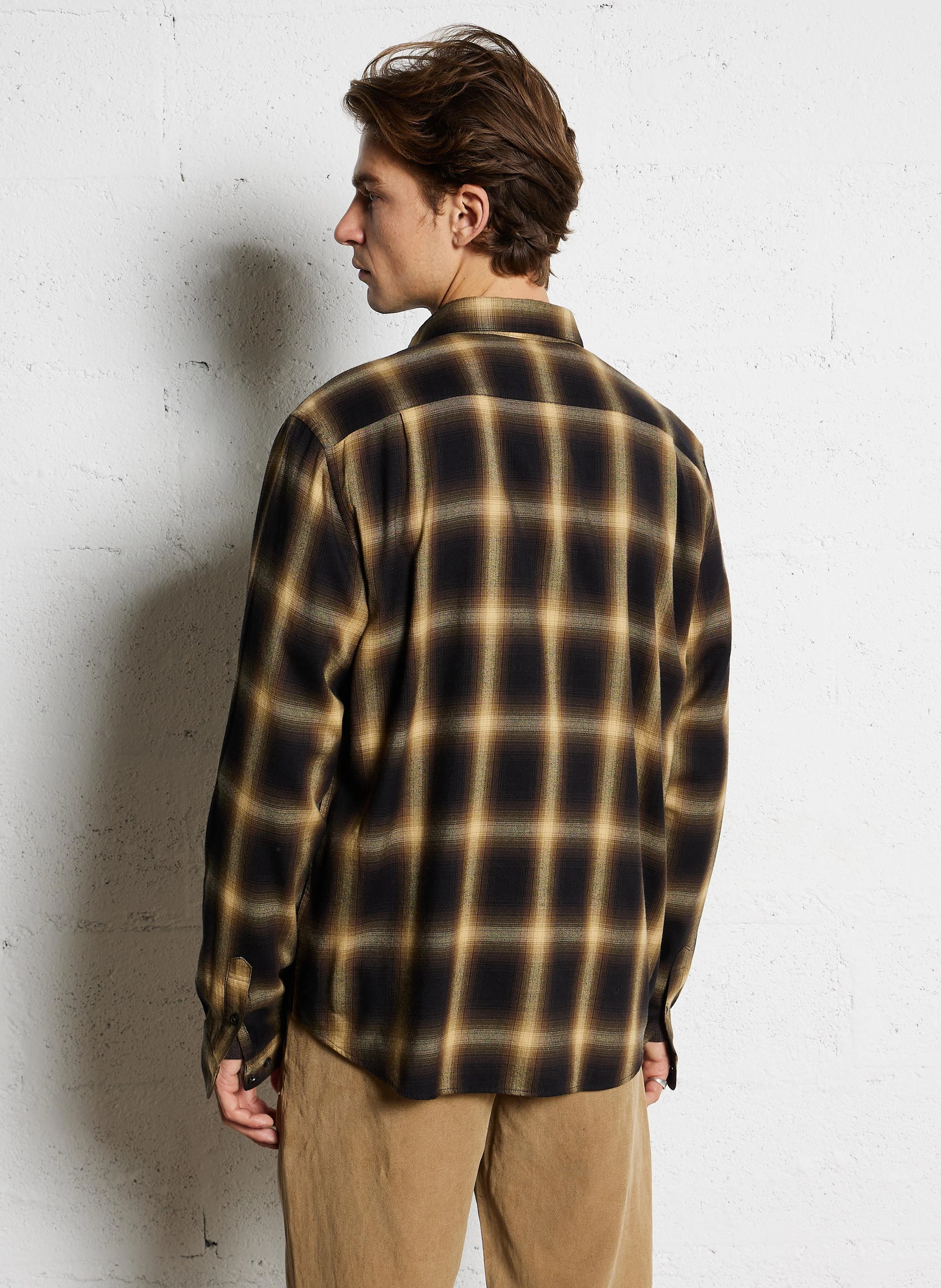 Chemise droite en coton mélangé à carreaux | Kaki