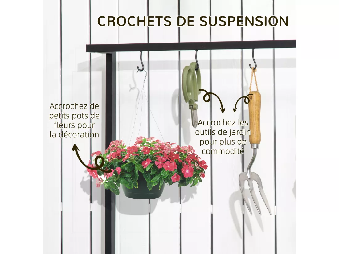 Étagère échelle à fleurs 3 niveaux - porte plante bois 3 étagères - 4 crochets pour pots suspendus - métal noir bois sapin