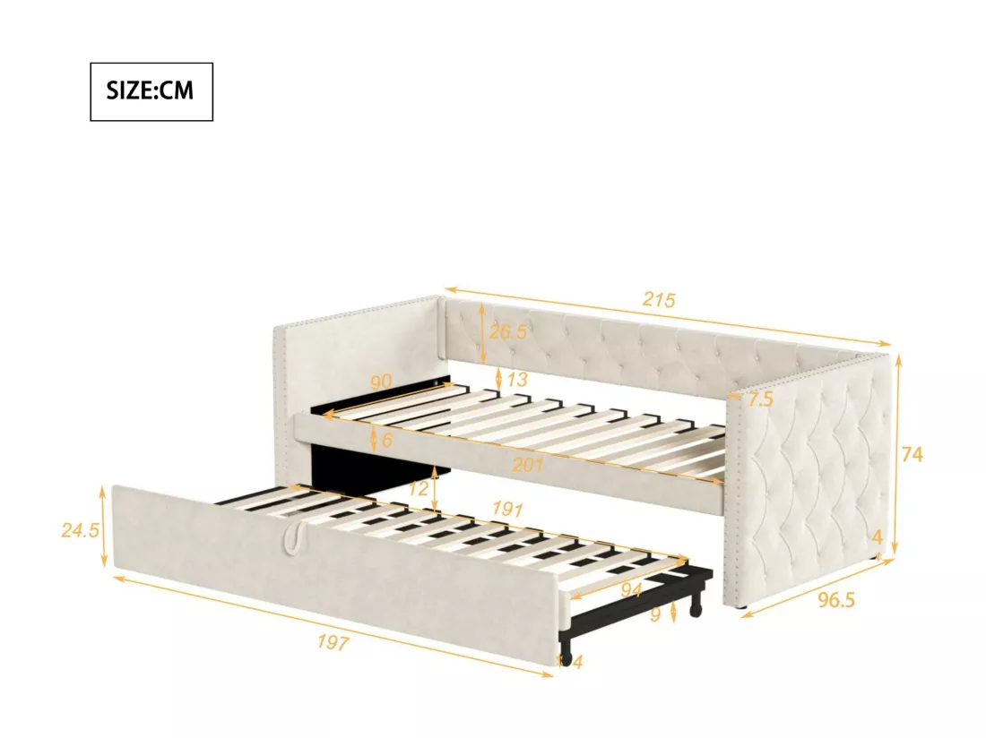 Lit gigogne rembourré en velours - 90/180x200 cm - avec sommier à lattes - Beige