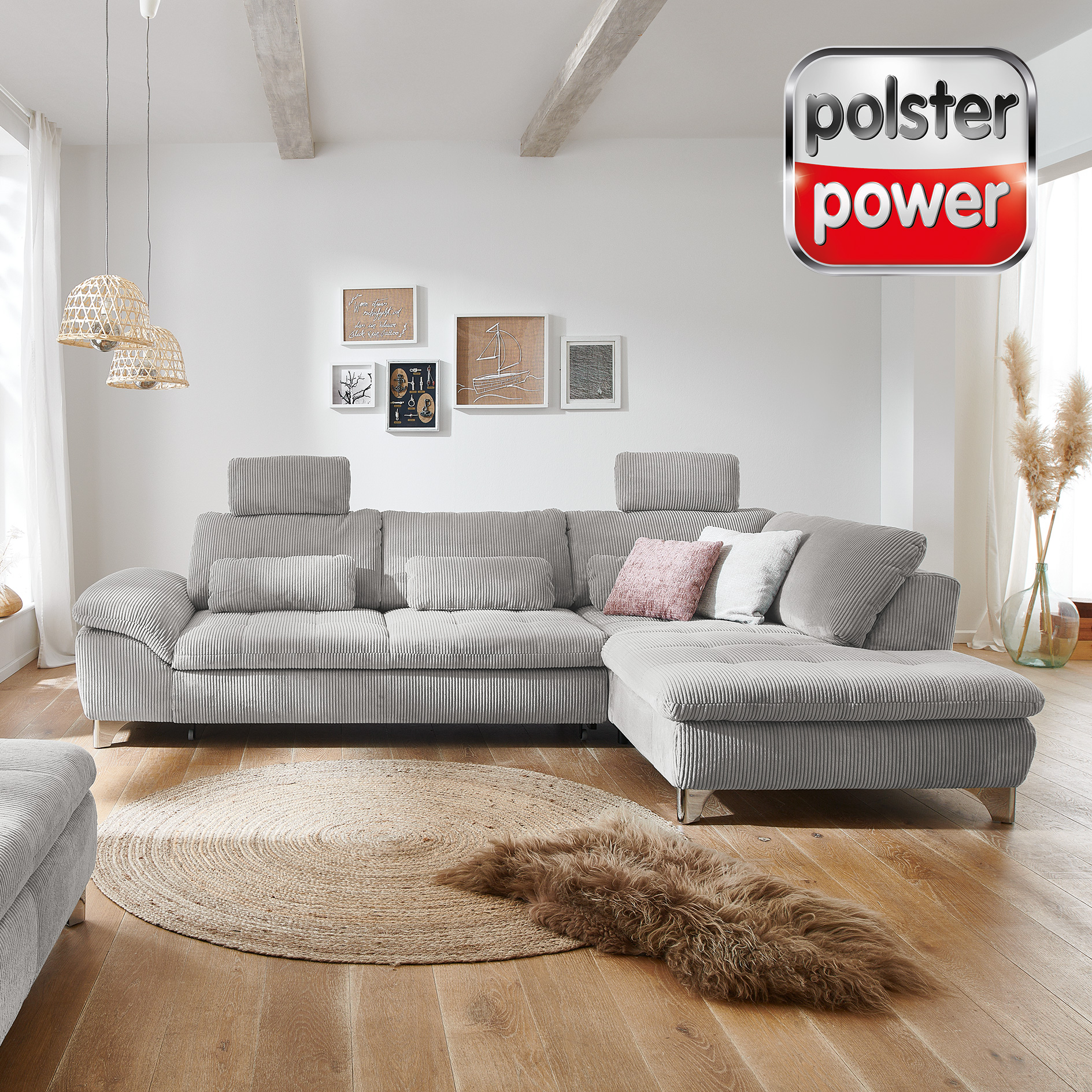 polsterpower Ecksofa - grey - mit Funktionen -Anstellhocker rechts
