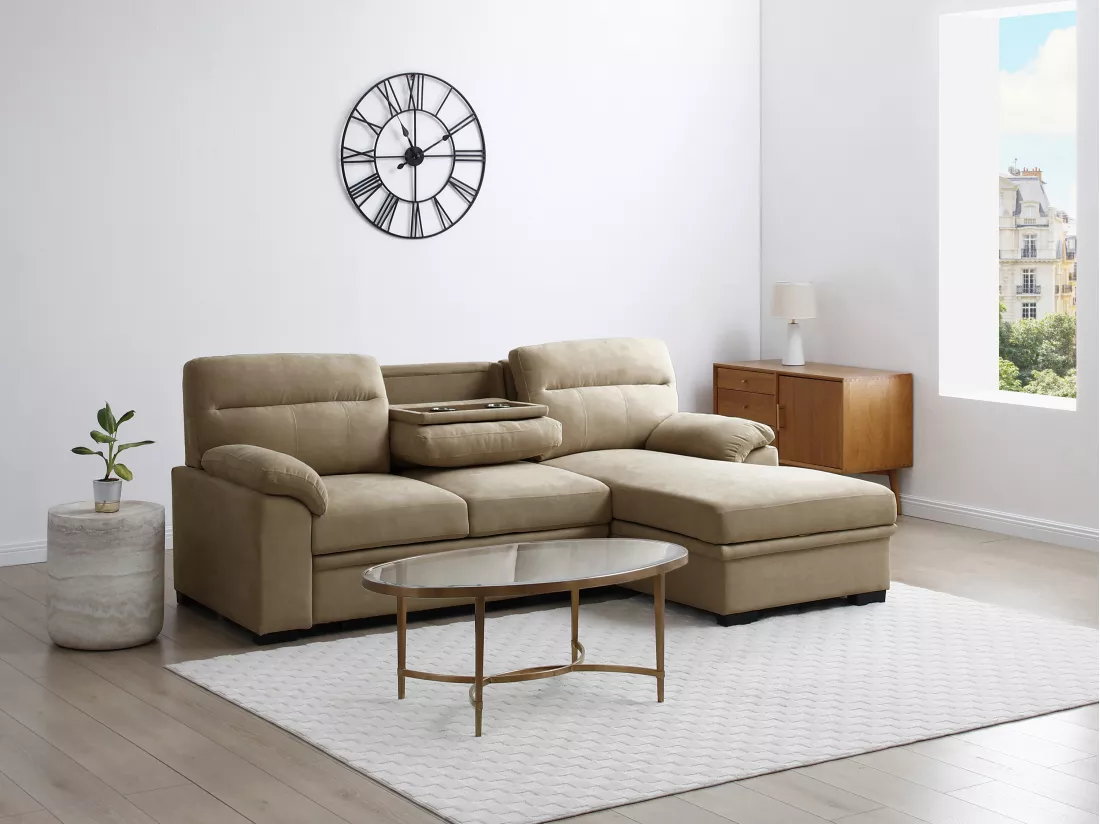 Canapé d'angle droit convertible en tissu beige ULENIO