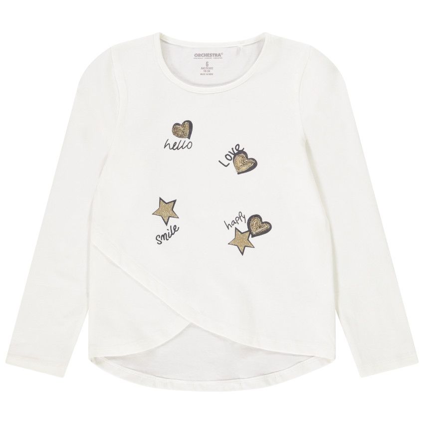 T-shirt croisé à manches longues en jersey avec print et sequins pour fille - Ecru
