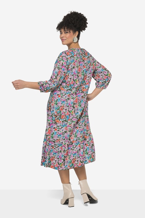 Maxikleid, A-Linie, Blütenmuster, V-Ausschnitt, 3/4-Ärmel
