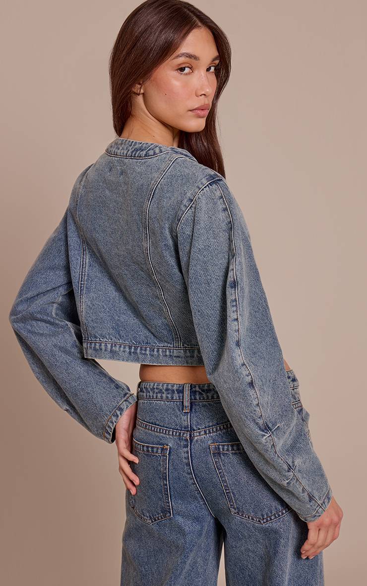 Vintage Veste En Jean Courte À Col En V Et Ourlet Arrondi