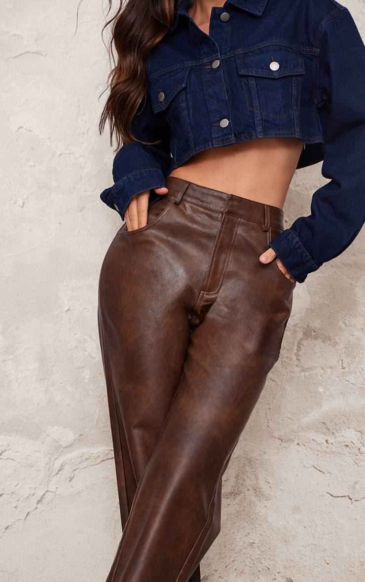 Chocolat Pantalon Droit En Synthétiquecuir Effet Délavé