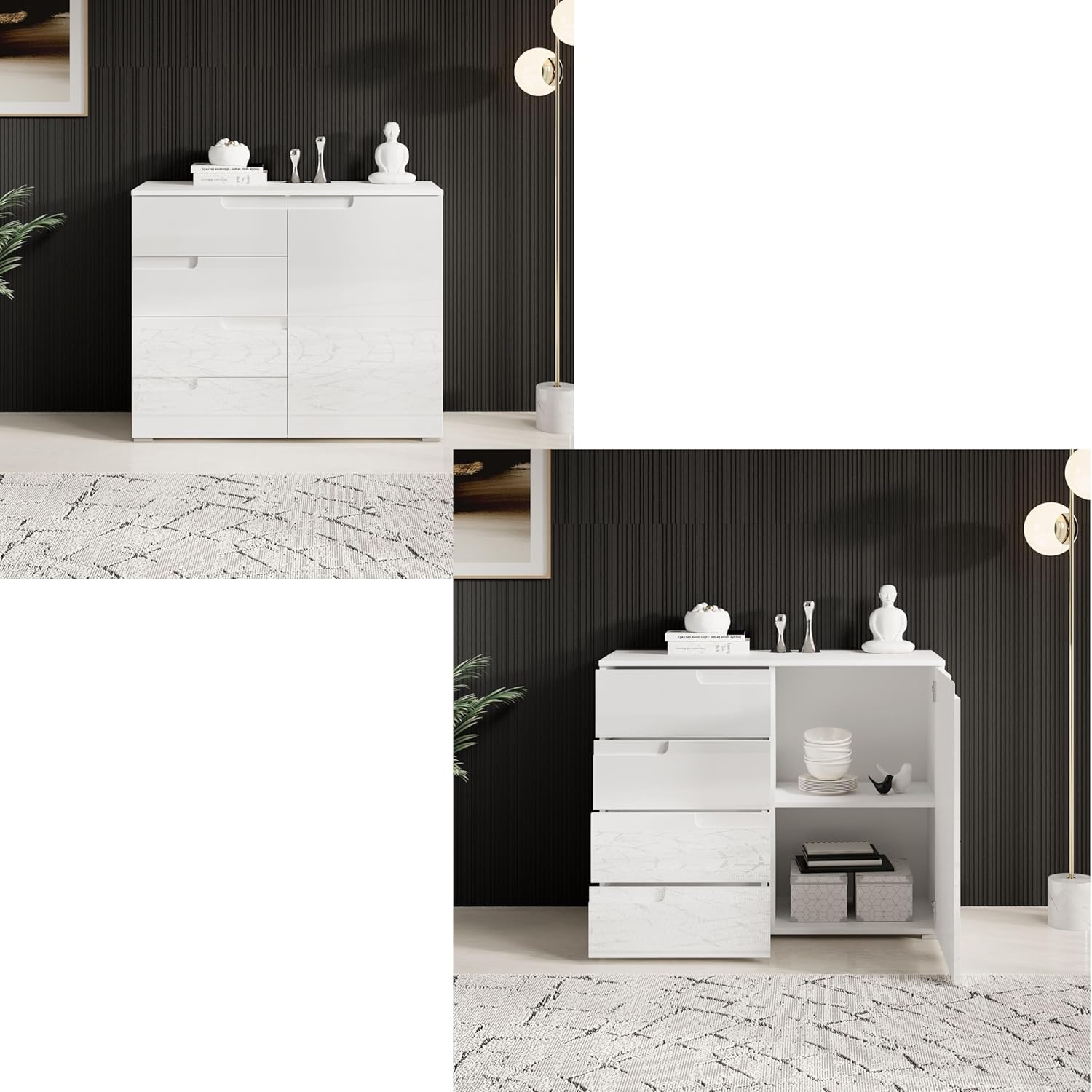 Stella Trading Kommode in Hochglanz Weiß - Modernes Sideboard mit viel Stauraum für Ihren Wohnbereich - 100 x 80 x 40 cm (B/H/T)