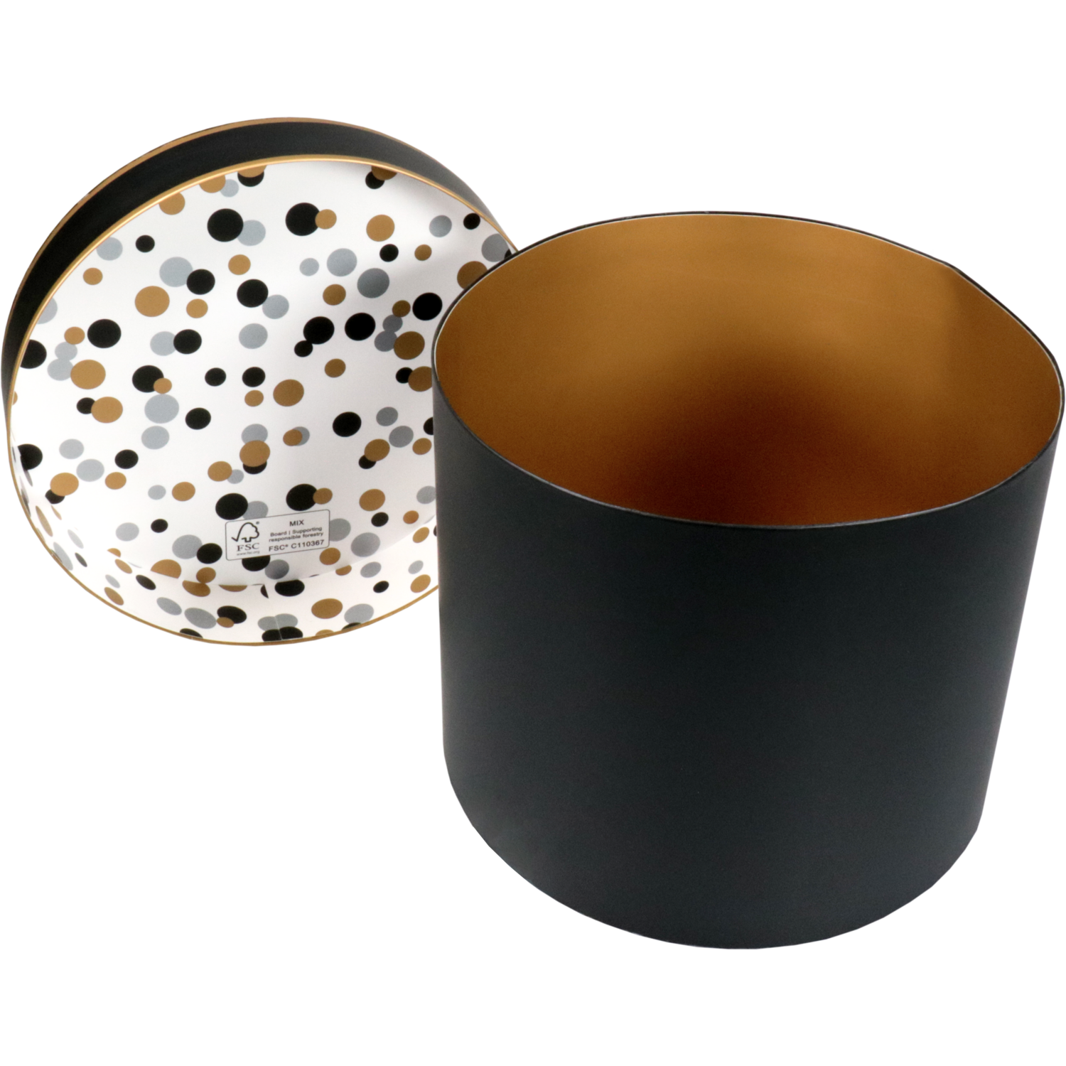 Geschenkdoos, Confetti, karton, 20cm, Ø25cm, zwart/goud