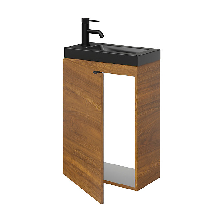 Ensemble lave-mains l.45 cm meuble à suspendre Imandra décor noyer + plan vasque céramique noir