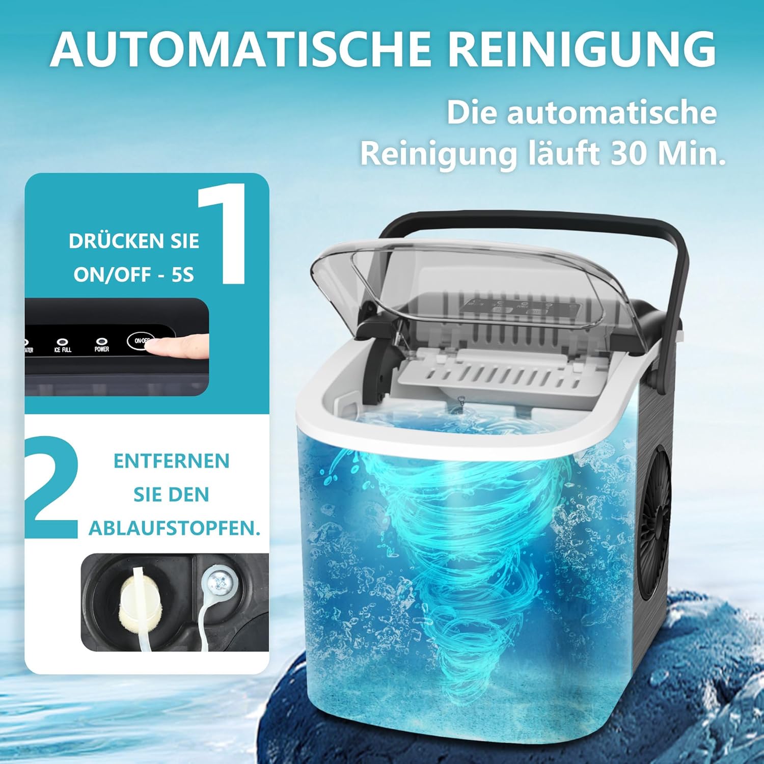 EUHOMY Eiswürfelmaschine Klein, 9 Eiswürfel in 6 Minuten, 12 kg/24H, Eiswürfelmaschine Edelstahl mit Tragbarem Griff, Selbstreinigender Kompakter Eiswürfelmaschinen für Zuhause/Küche/Büro/Bar