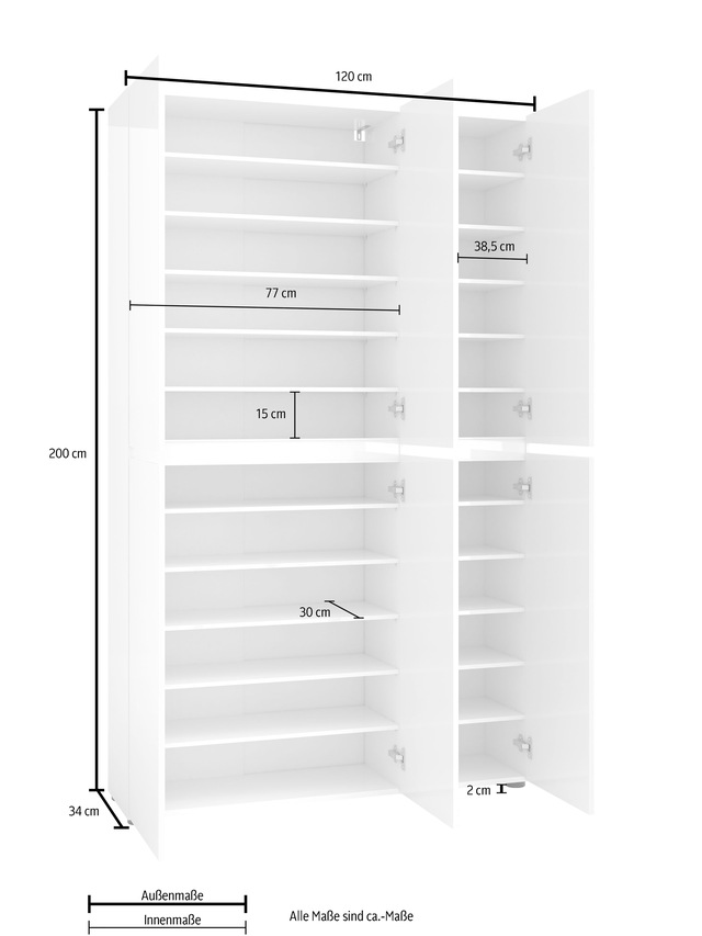 INOSIGN Schuhschrank »MISTER Schuhkommode, Schuhmöbel, Schuhregal, Hochglanz lackiert« Breite 120 cm, Höhe 200 cm, 6 Türen
