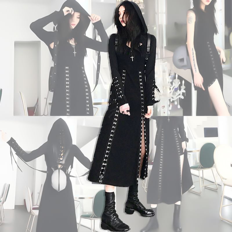 Warelmapo - Spaghettibandjes effen haak-en-oog split midi A-lijn jurk / Lange mouwen capuchon hoepel accent crop top / Set