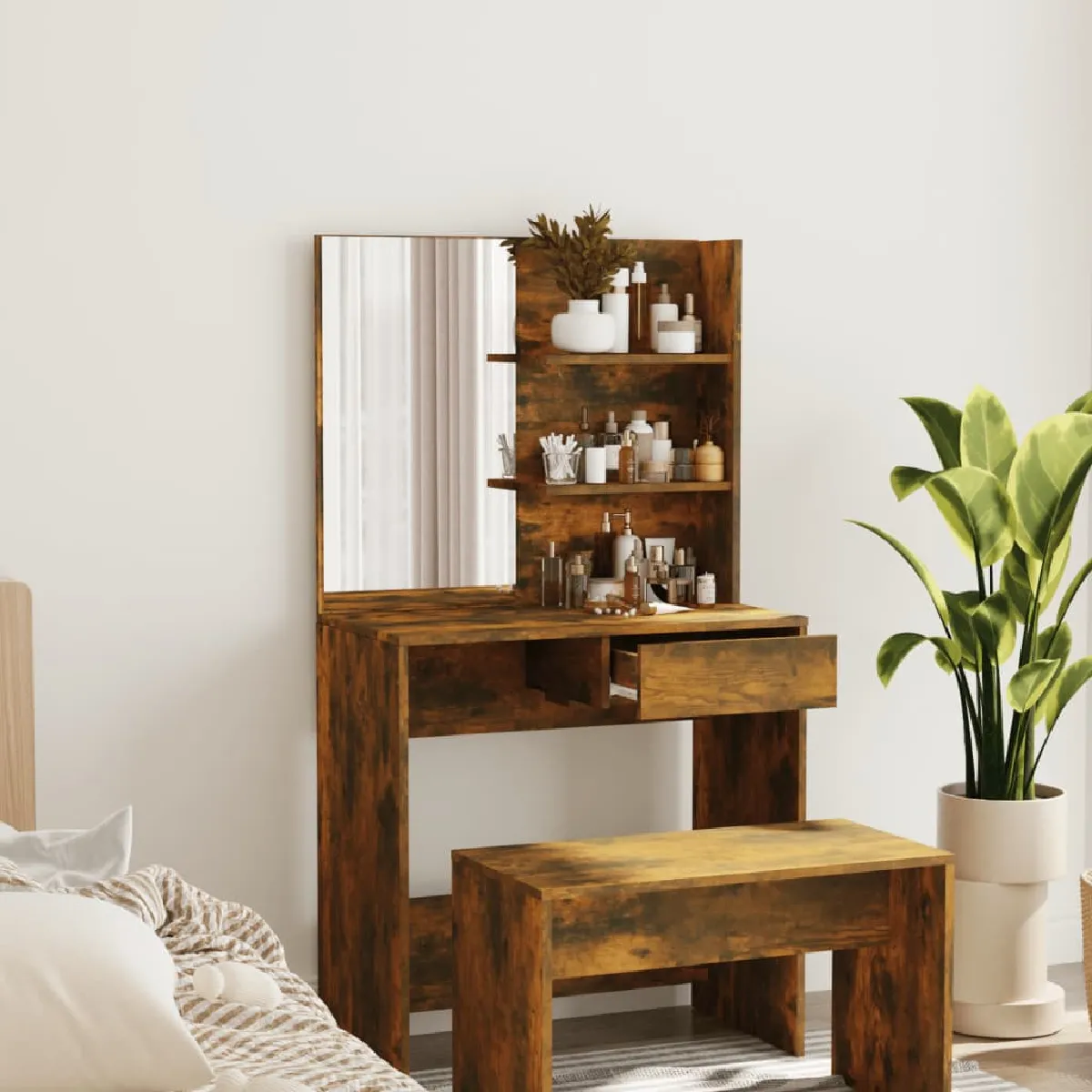 vidaXL Coiffeuse avec miroir Chêne fumé 74,5x40x141 cm