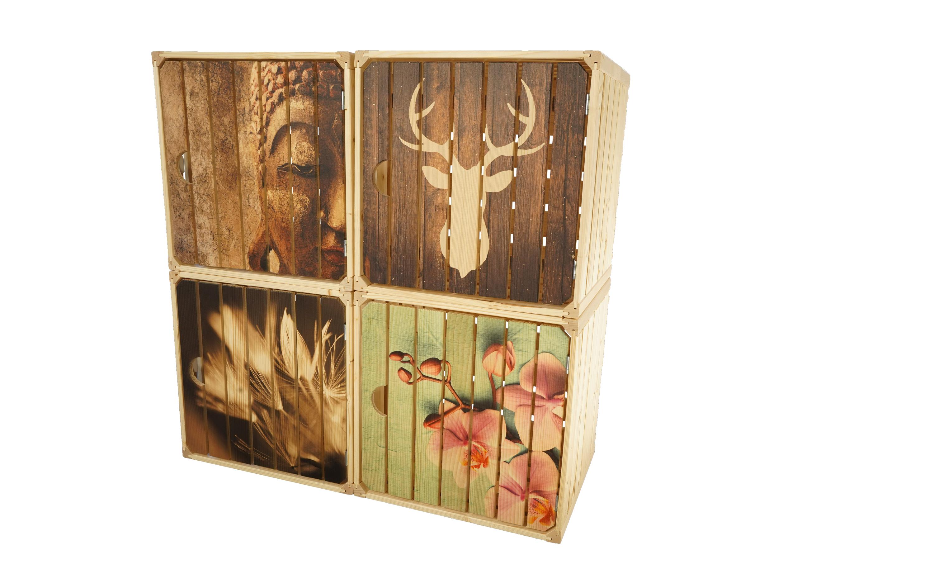 Holzharasse Hirsch mit Tür, 35 x 35 cmHarasse aus schweizer Holz