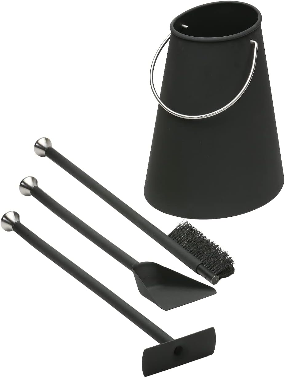 Morsø Ellipse Kaminbesteck – hochwertige Designer-Kamingarnitur, 4-teiliges Kamin Set mit Schaufel, Besen und Feuerhaken/Blasrohr & Eimer, schwarz