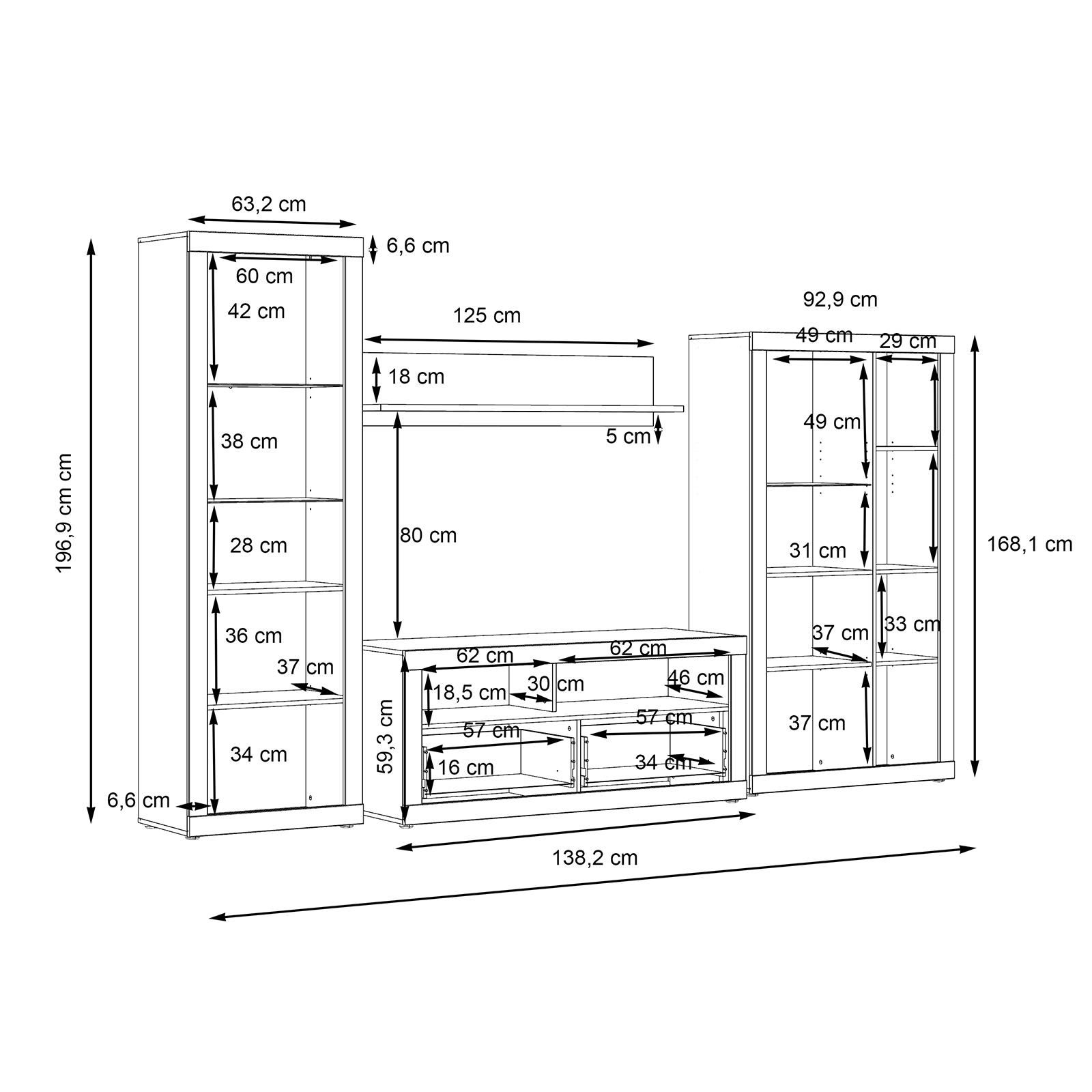 4-teiliges Wohnwand-Set - Betonoptik - weiß - 314 cm breit