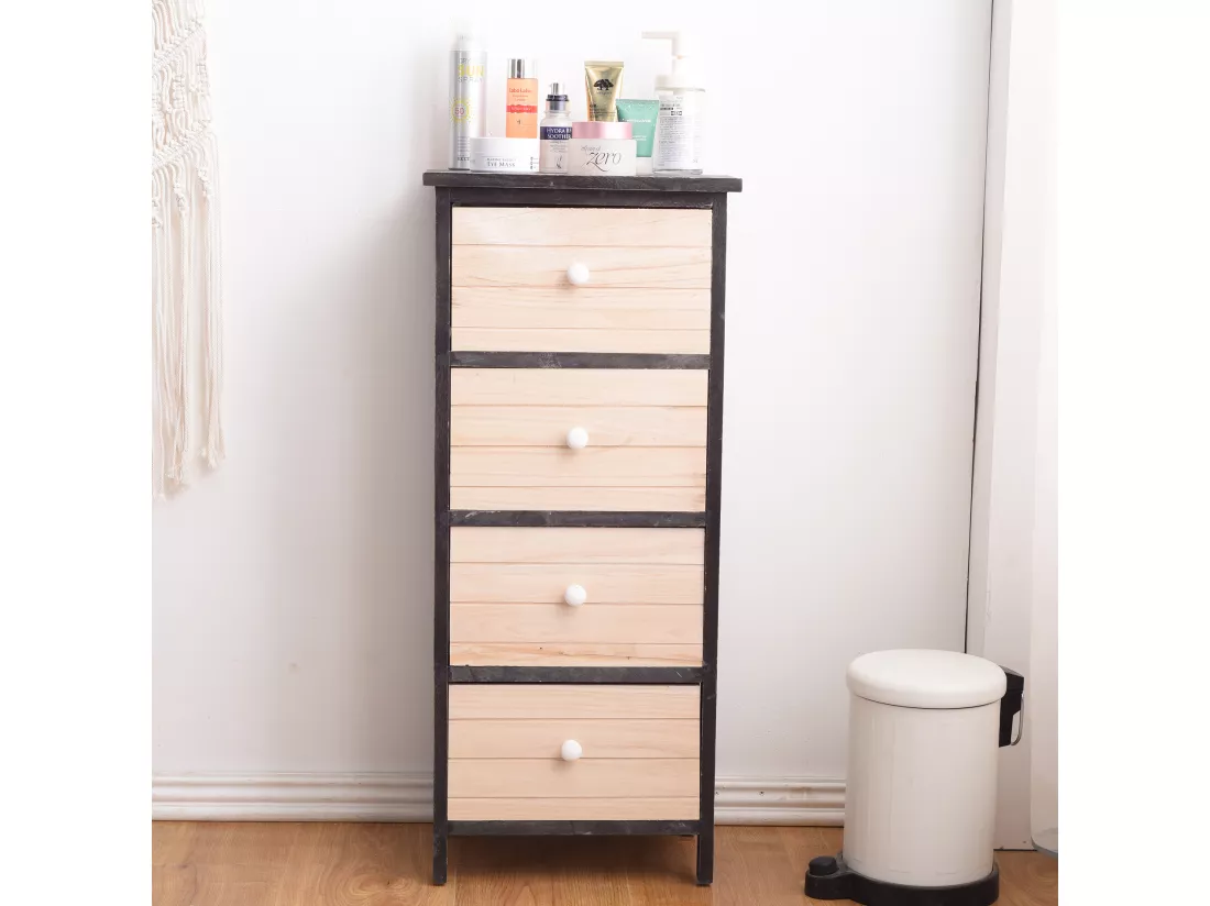 Chiffonnier Commode 4 Tiroirs Bois Blanc Gris Shabby 81x35x25