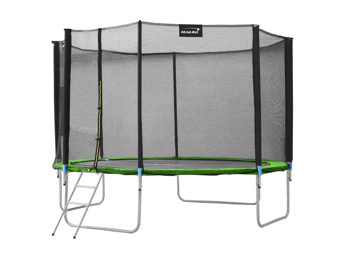 Hauki Trampoline Outdoor, Ø427 cm, vert, certifié GS, trampoline de jardin rond pour enfants jusqu'à 150 kg, set complet avec filet de sécurité, échelle, couverture des bords, barres rembourrées, trampoline stable pour enfants
