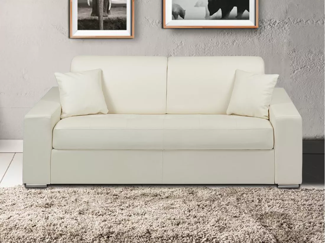 Canapé 3 places convertible express en simili EMIR - Blanc - Couchage à lattes larges 140 cm - Matelas 18 cm