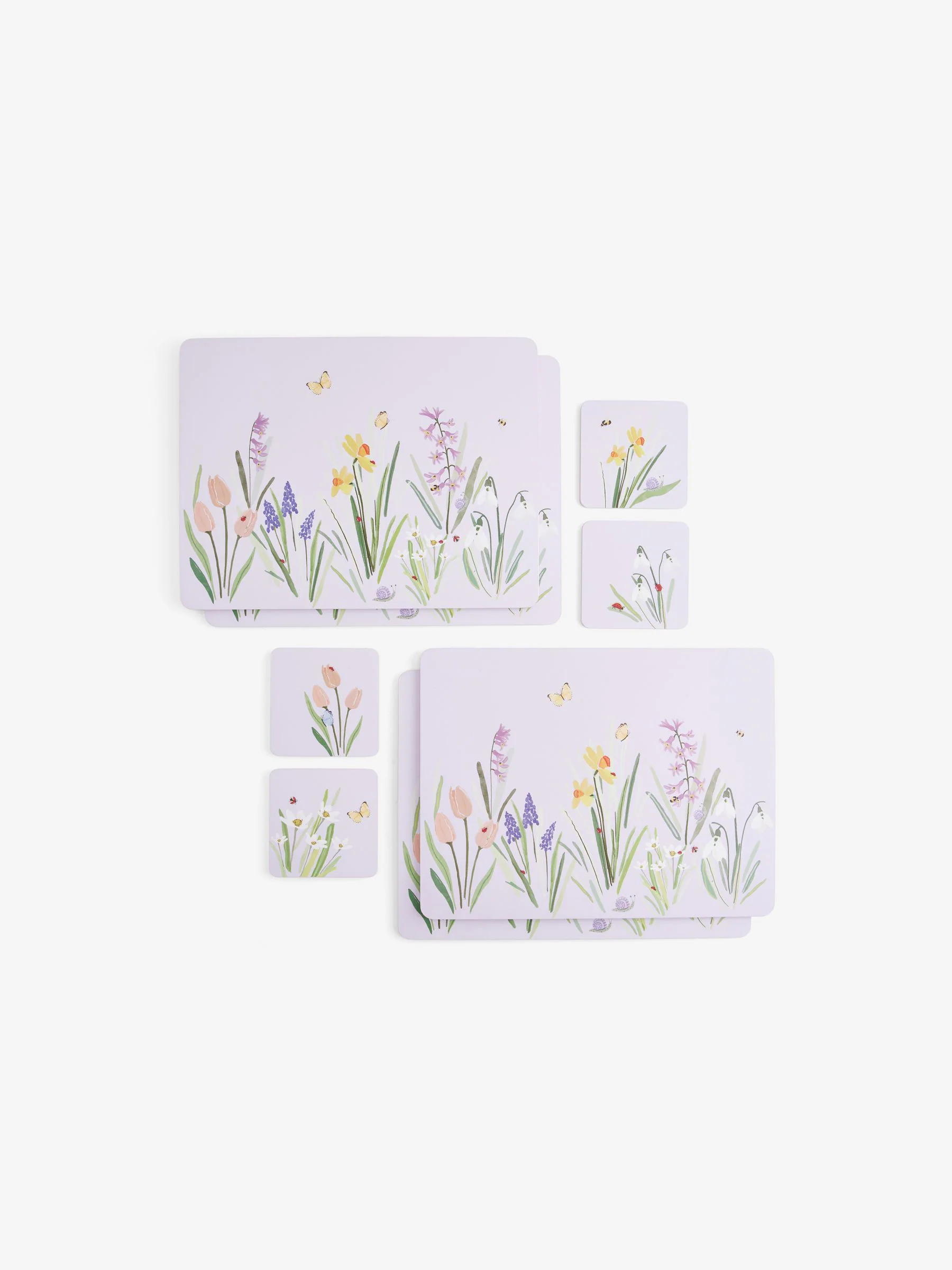 Set van 4 placemats en onderzetters met lila bloemenprint en kurken achterkant