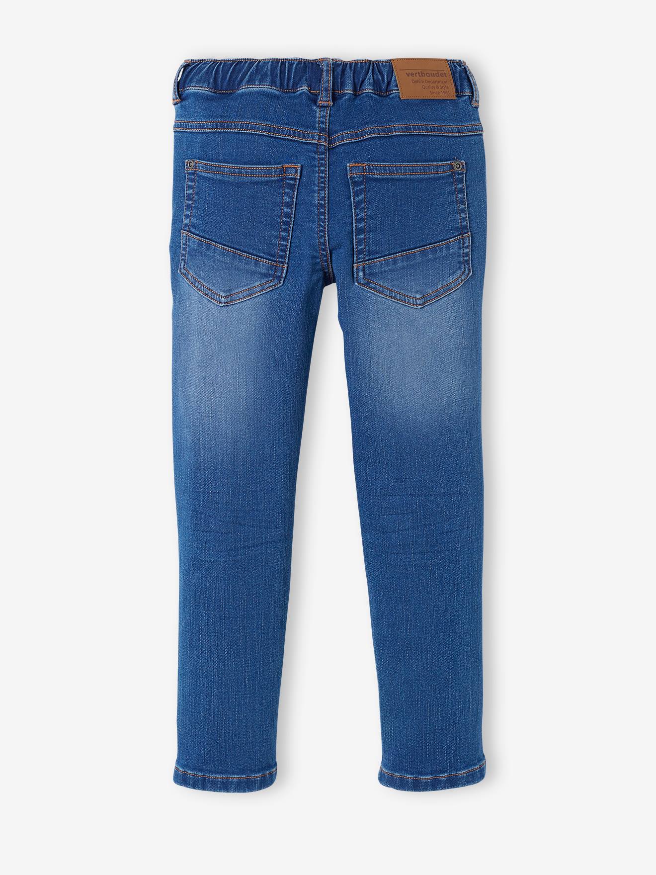 Calças de moletom com efeito jeans, corte justo e fáceis de vestir, para meninos, cor azul-escura lisa.