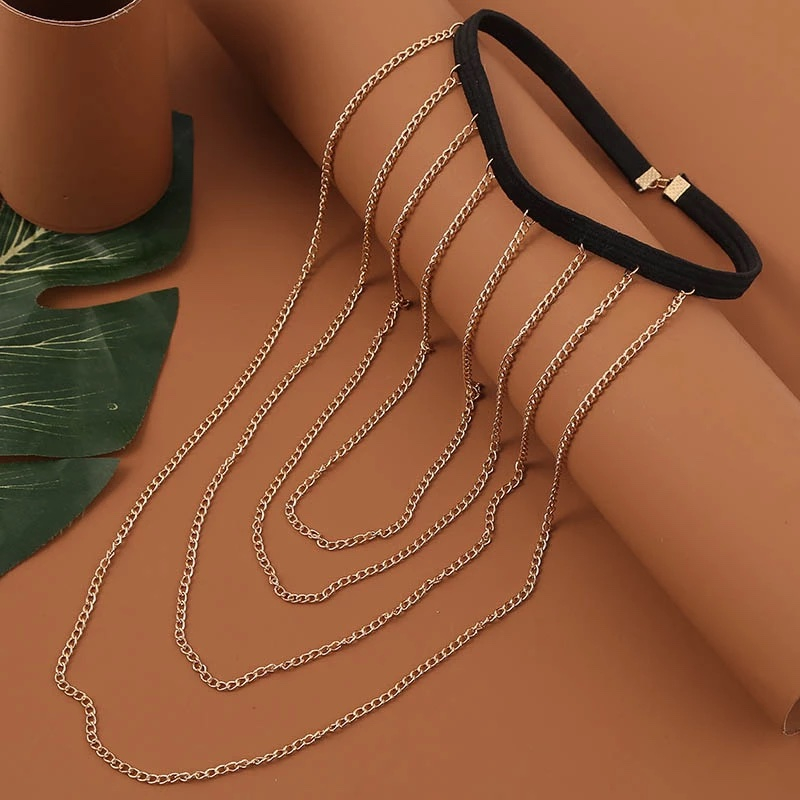 (Ø18-45cm) Elastische Bein Kette Boho Körper Schmuck Oberschenkel Festival Accessoire 4 Ketten - Gold / Schwarz