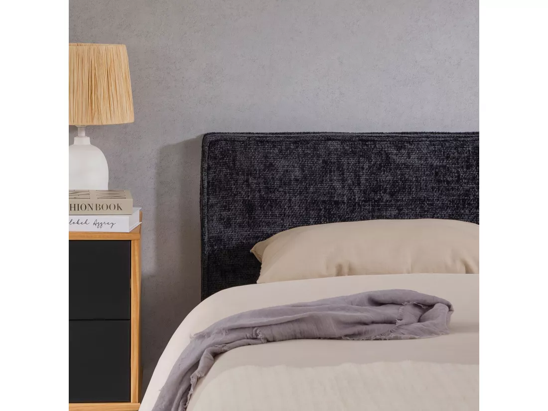 Tête de lit MIRENN 140 rembourrée, En tissu polyester pour lit 140 cm, Sur pieds en plastique, Noir
