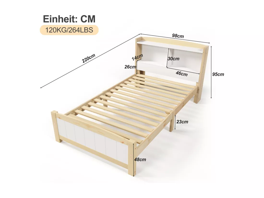 Lit avec tête de lit rangements et matelas - 90x200cm - en bois massif - lit 1 place - Blanc et Naturel
