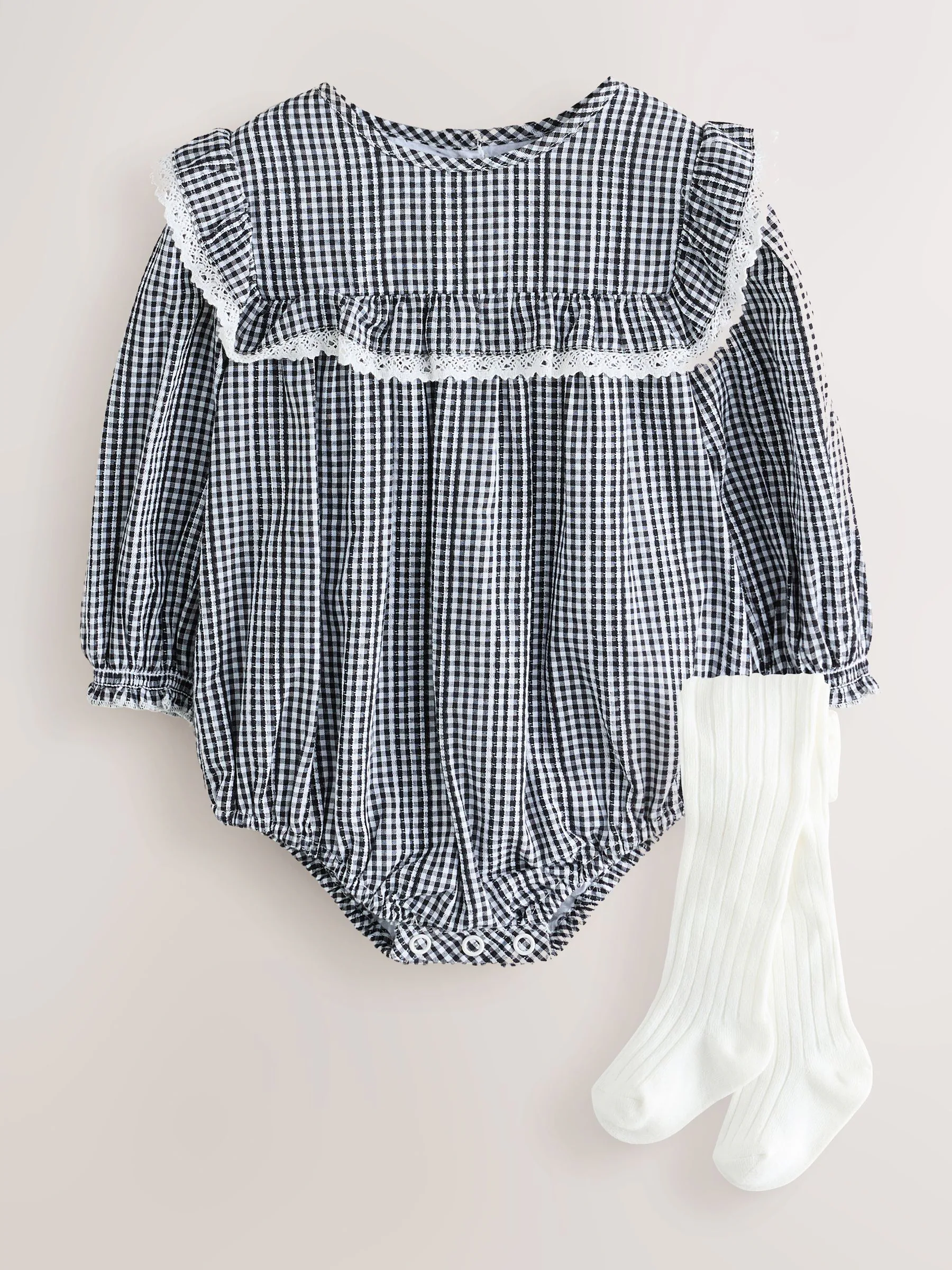 Grijs/wit met gingham-ruitje - Babyrompers met bloemenprint Set 2 -delig met maillot (0mnd -3jr)
