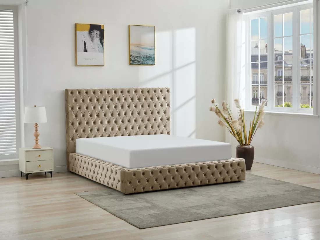 Lit coffre chesterfield 160 x 200 cm - Velours - Taupe + Matelas - DULENI
