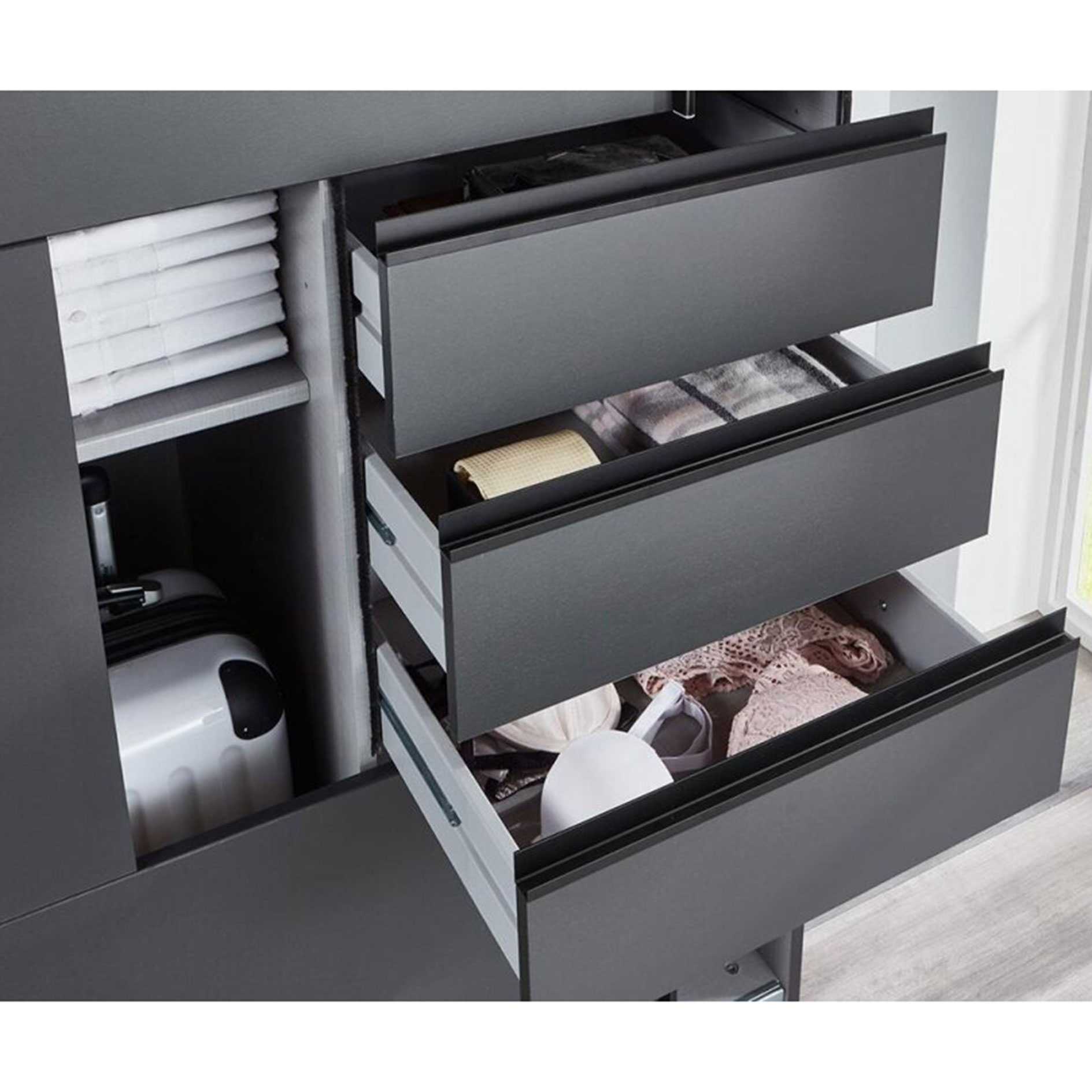 Schwebetürenschrank - graphit-schwarz - 6 Schubkästen - 270 cm