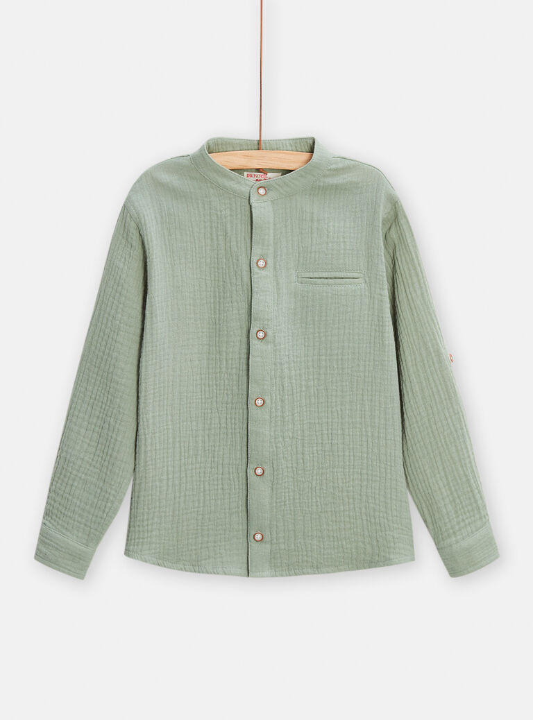 Chemise col mao vert d'eau en gaze de coton pour garçon