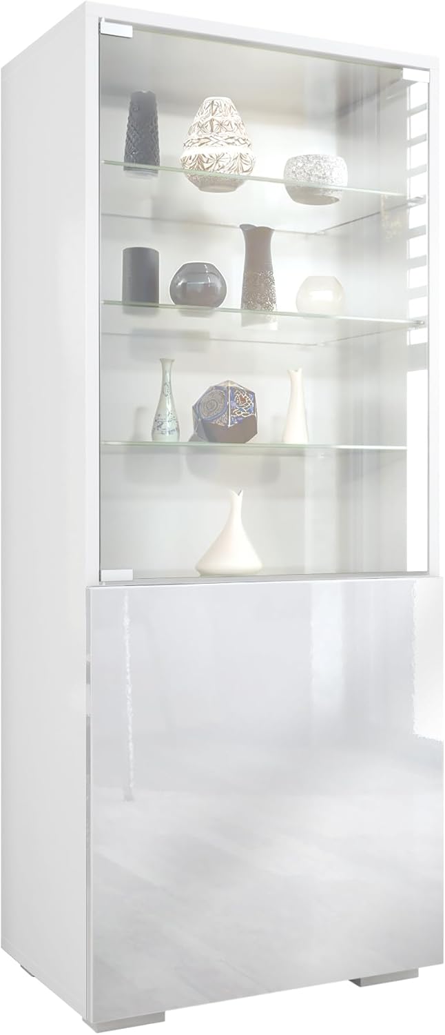 Vitrine Granada, Made in Germany, Vitrinenschrank mit Glastür und Glaseinsatz, Weiß matt/Weiß Hochglanz (50 x 122,5 x 34,5 cm)